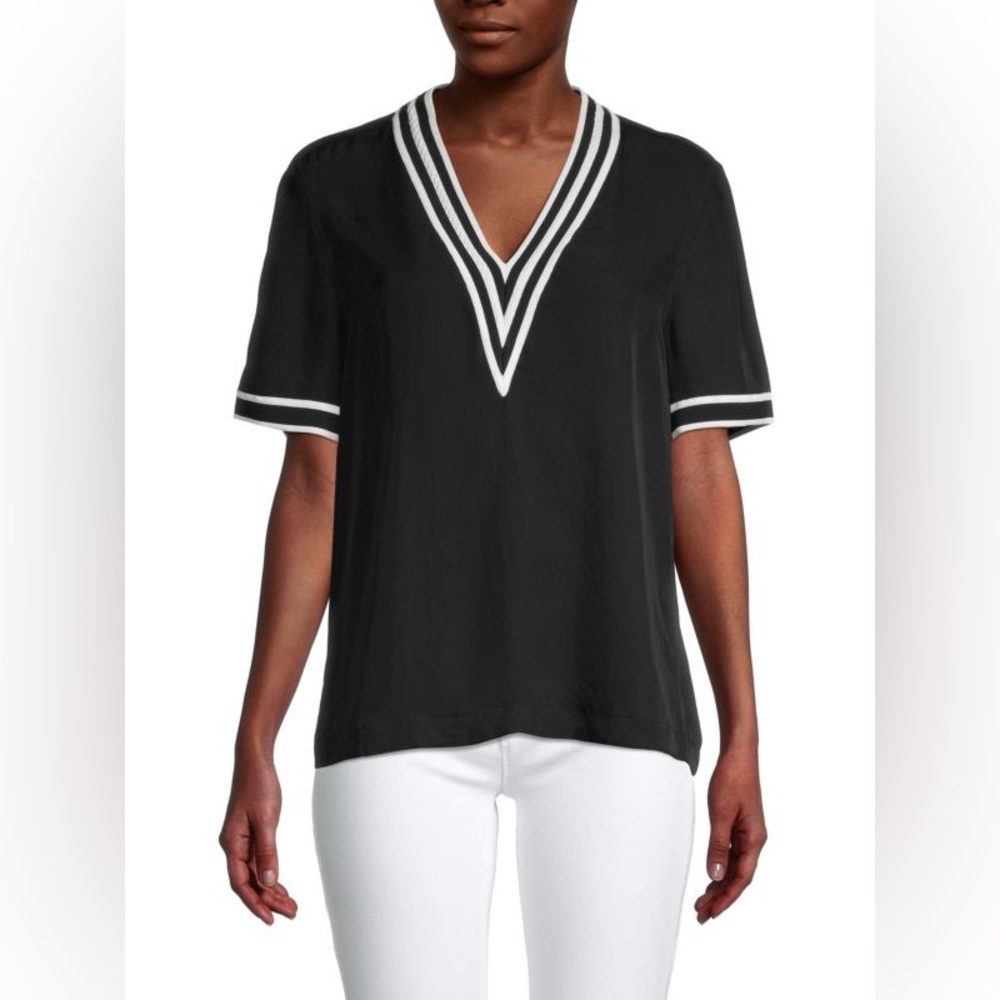 EUC Rag & Bone Althea Black V-Neck Top with White Trim Sz S Sold Out